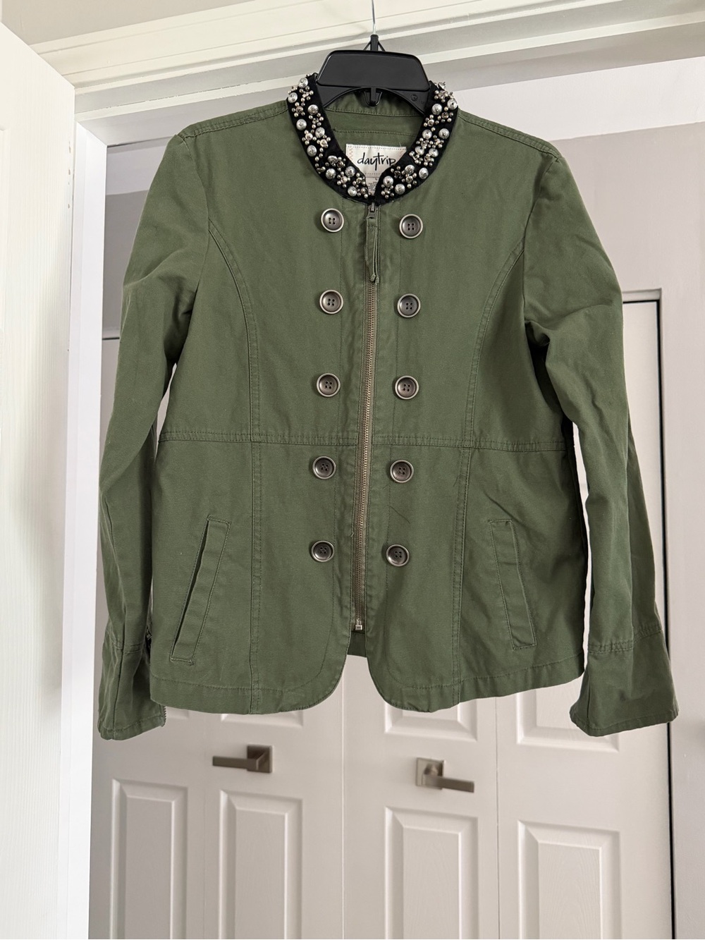 Daytrip Olive Military Jacket with Embellished Collar